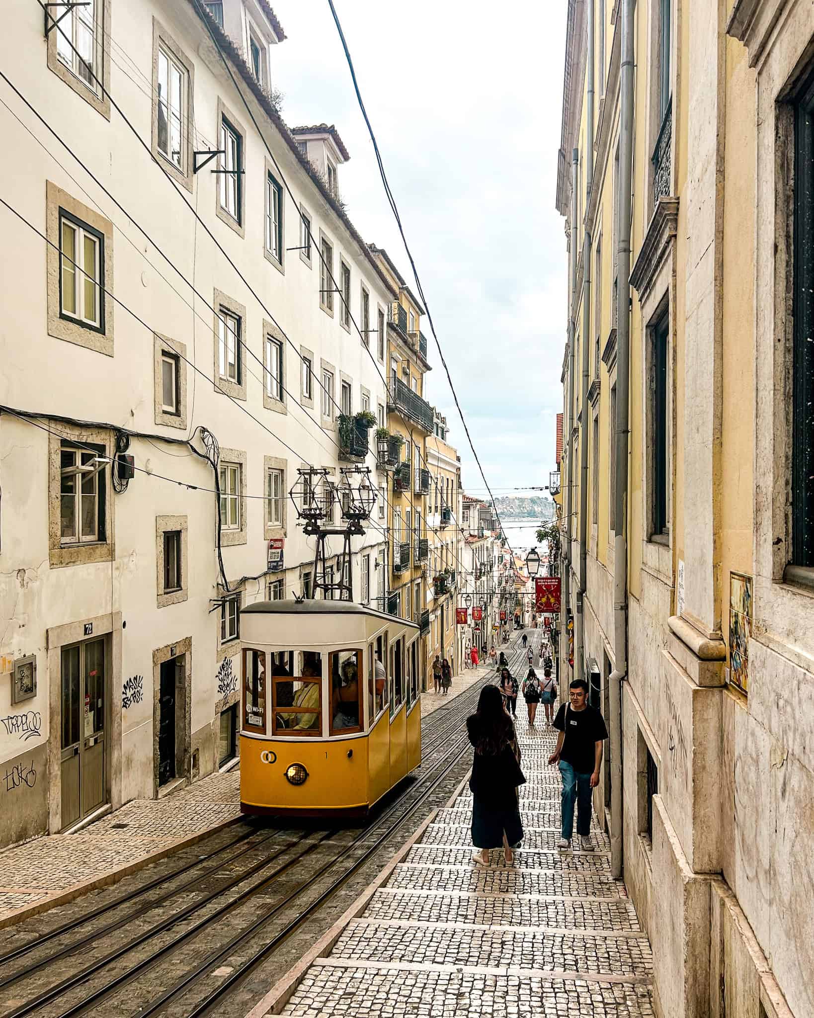 5 Days in Lisbon Yellow tram car on a narrow street in Lisbon, Portugal