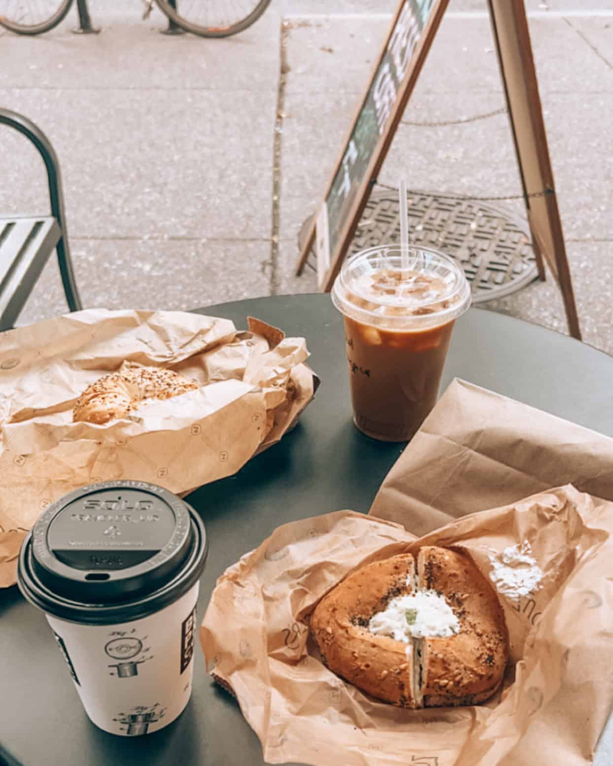 Bagels and coffee at Zucker's Bagels, a bagel shop in the Upper West Side in NYC