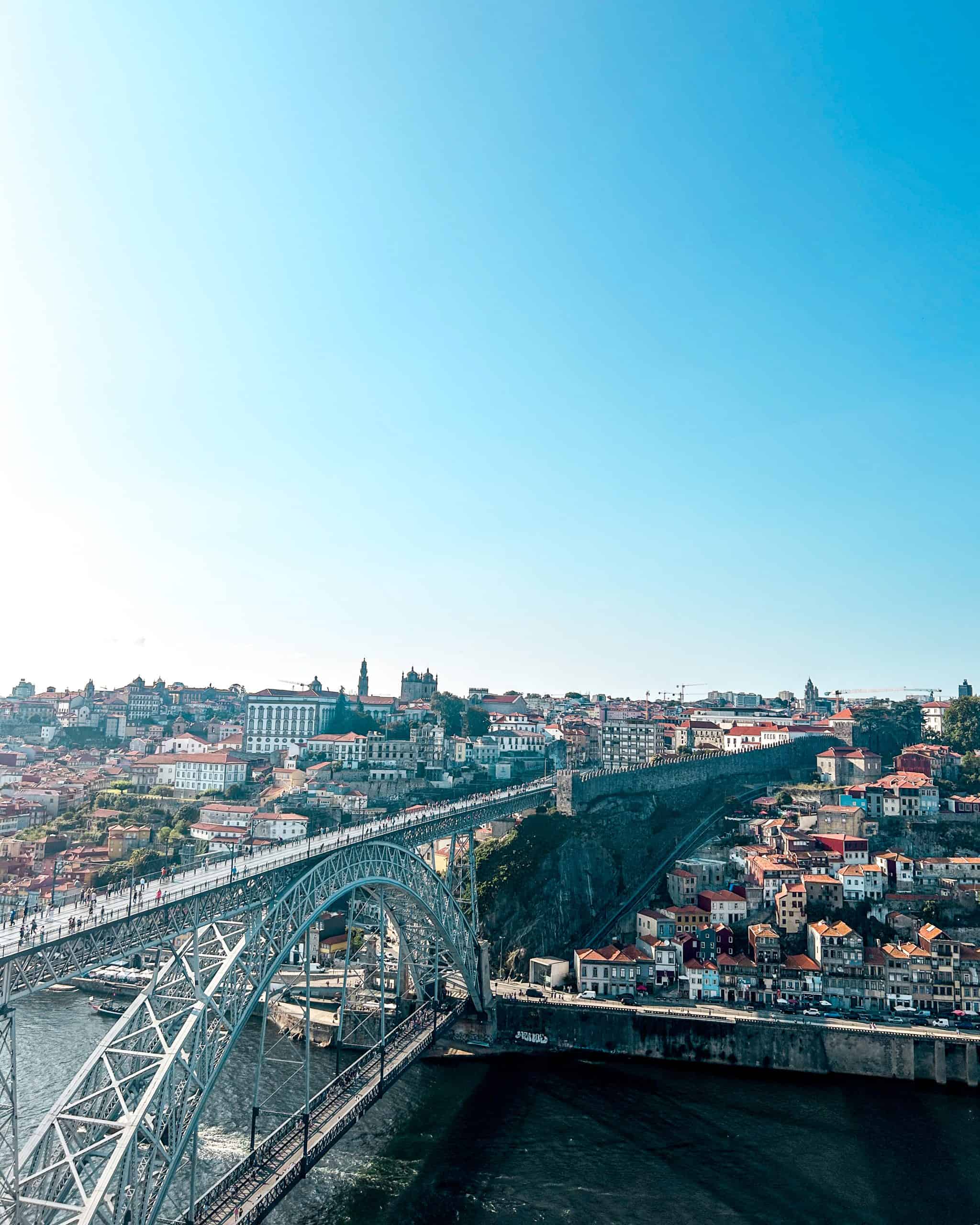 Luís Bridge over the Douro River with a view of the red-roofed buildings on the other side