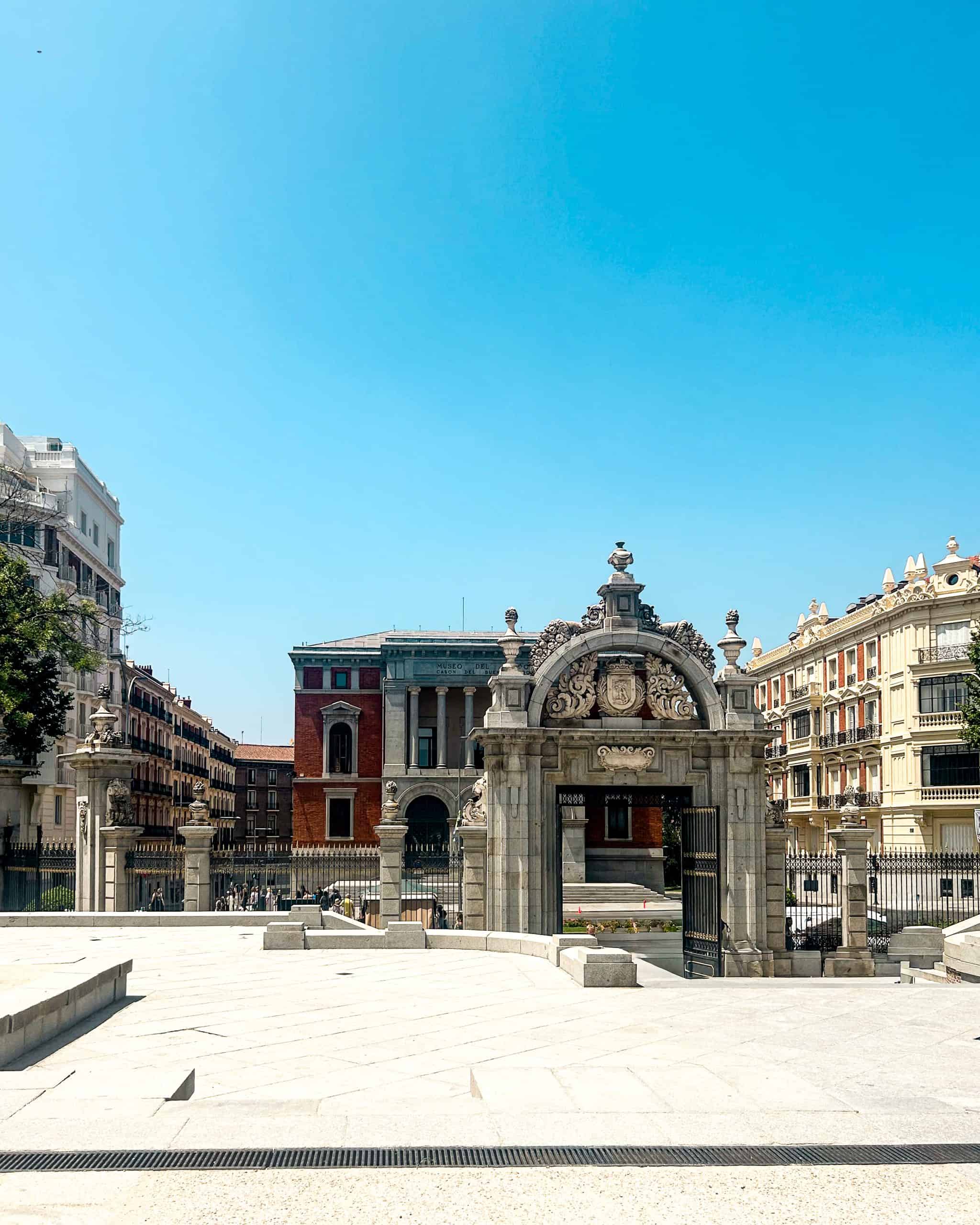 Historic buildings and plaza in Spain on a sunny day