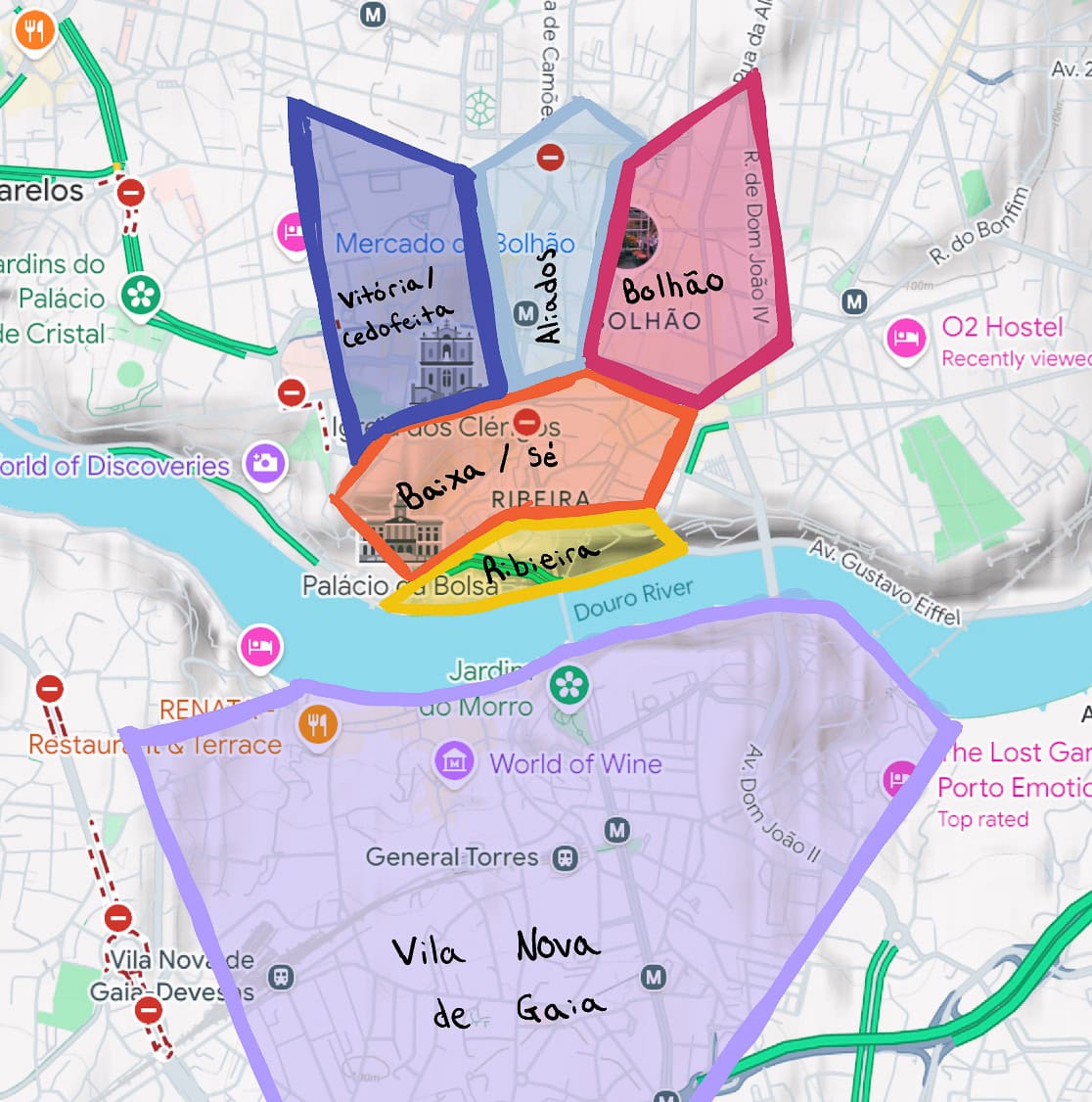Where to Stay in Porto google map of Porto, Portugal with neighborhood overlays