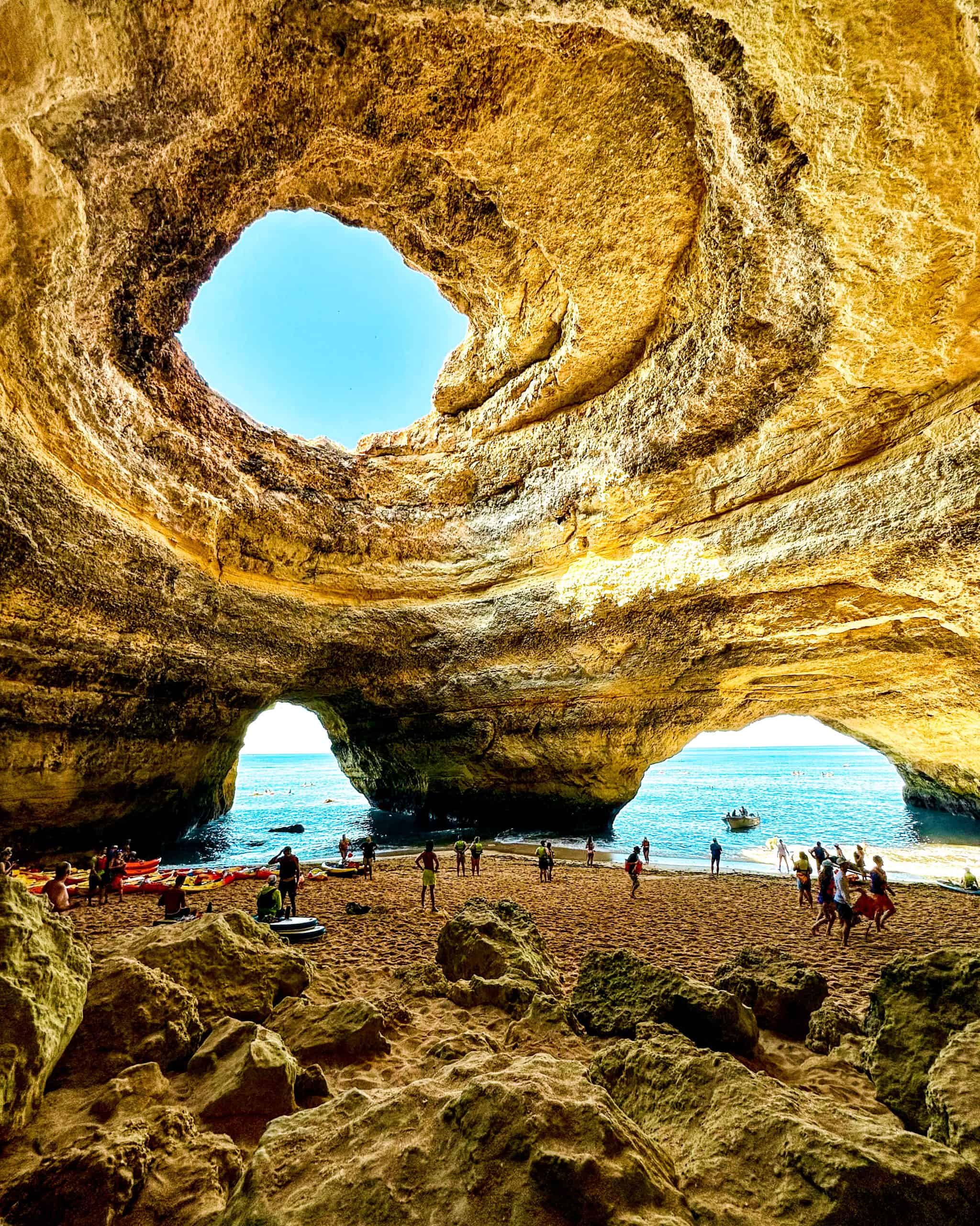 The inside of the Benagil Cave in Portugal featuring incredible rock formations