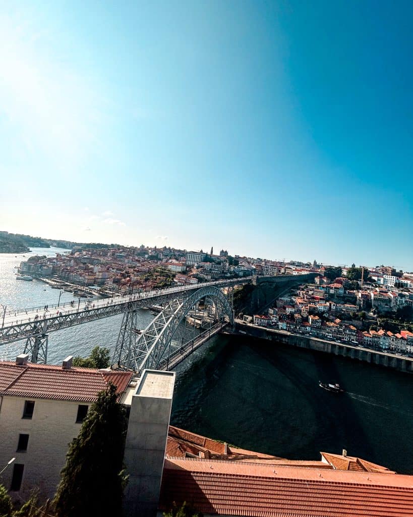 Where to Stay in Porto Dom Luis Bridge with the Douro river and buildings in the background from Vila Nova de Gaia in Porto, Portugal