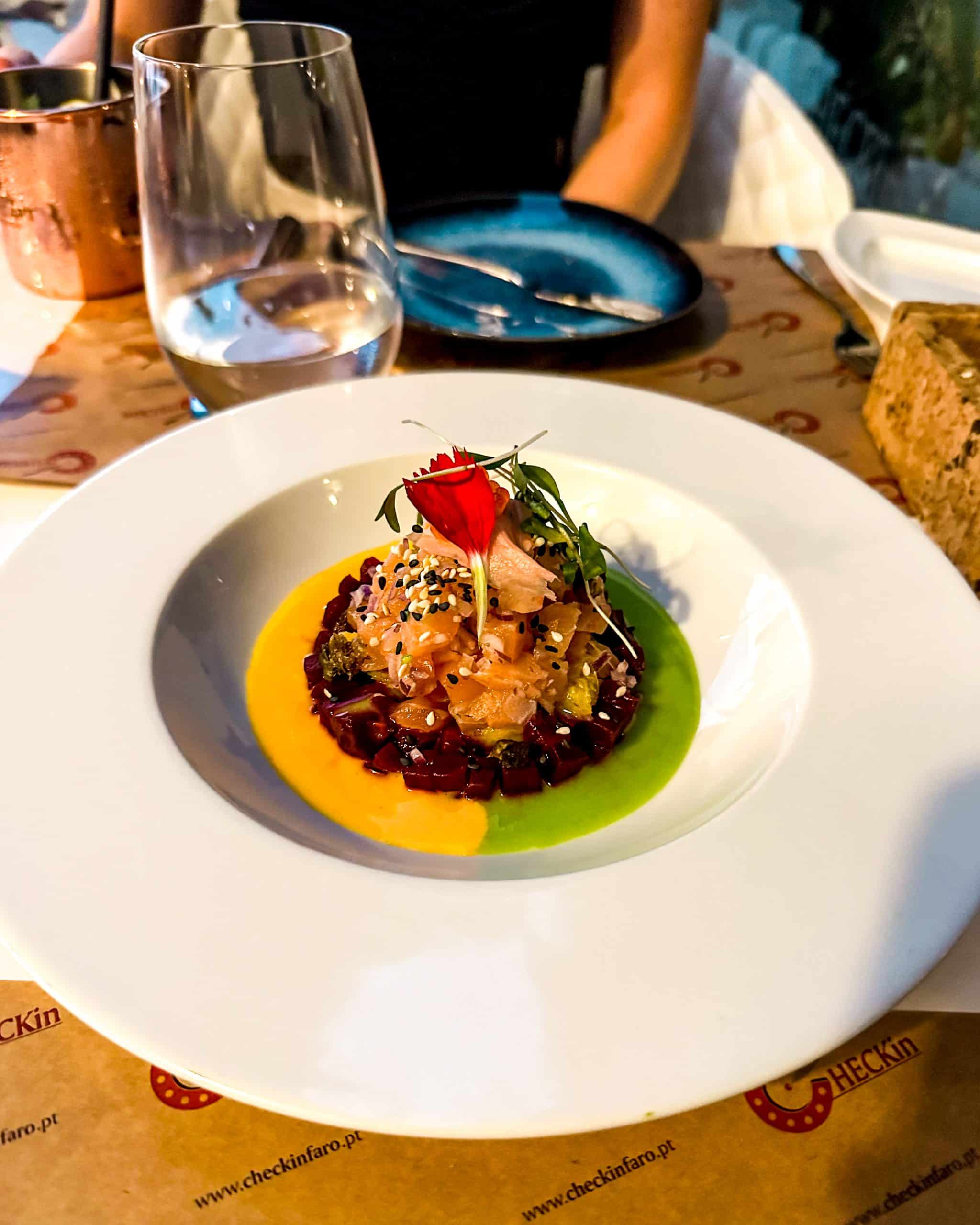 fancy appetizer with lots of color at CHECKIN in Faro, Portugal