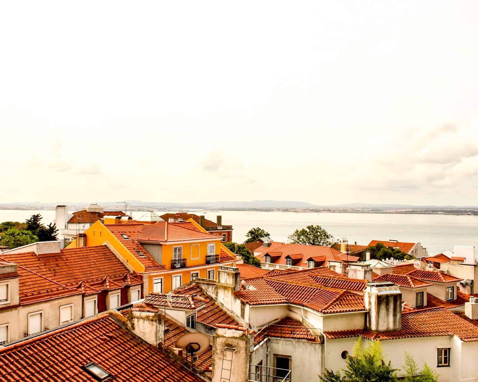 Rooftop view of colorful buildings and the Tagus River in Lisbon, Portugal