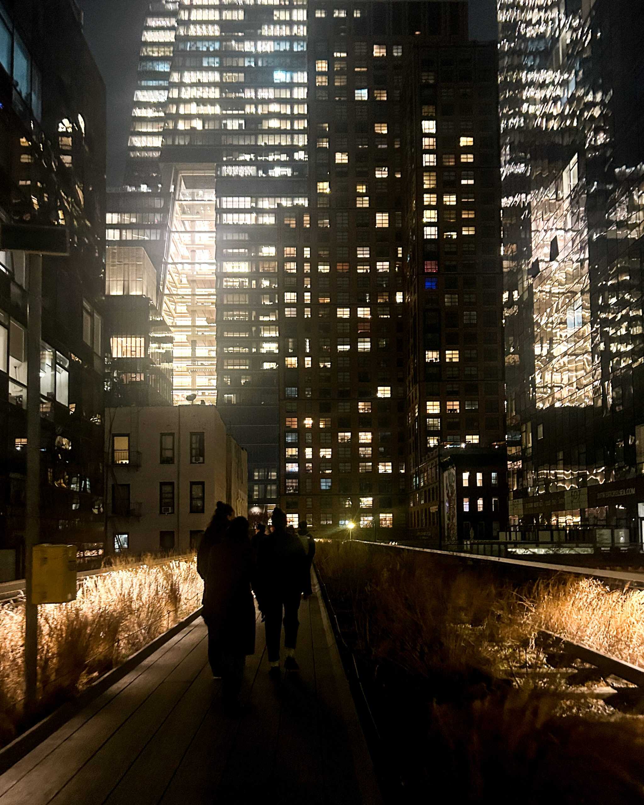 people walking the High Line in NYC at night