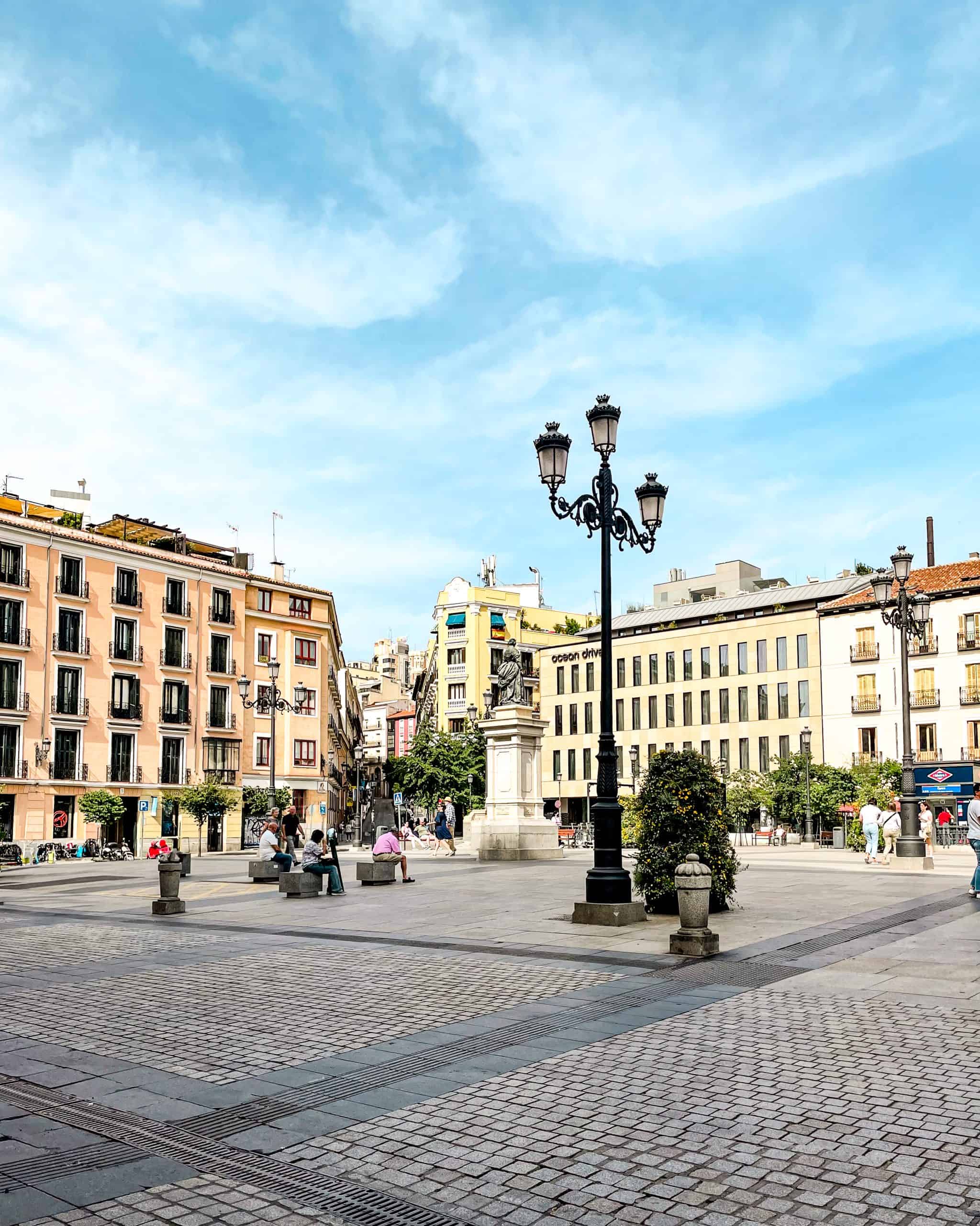 a quiet plaza in Madrid, Spain on a sunny day