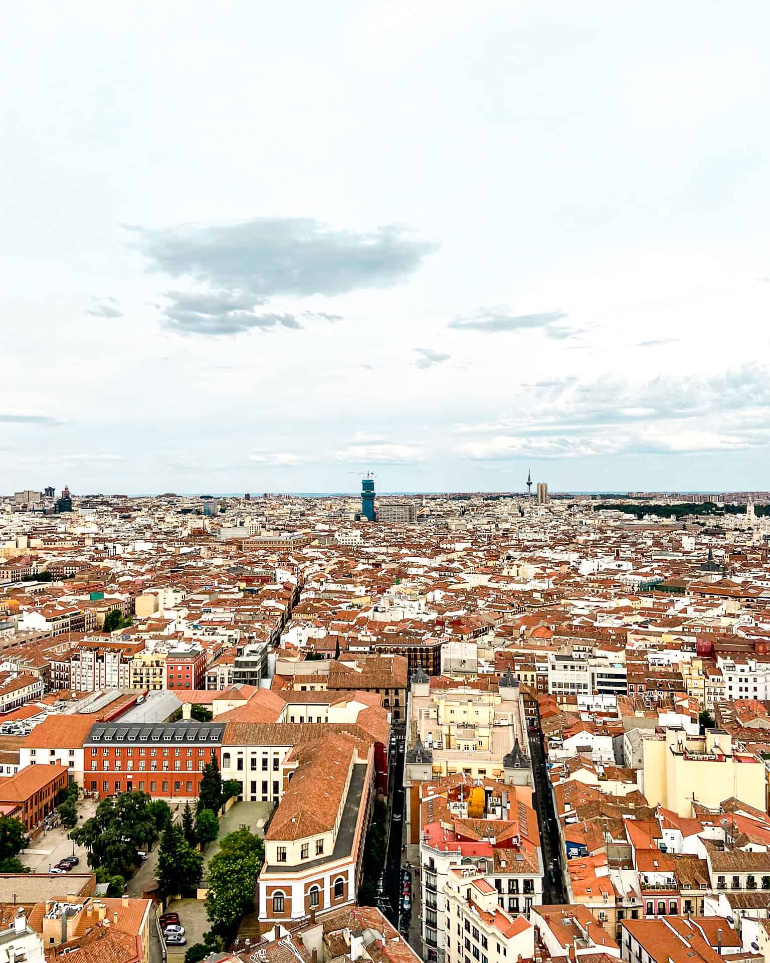 Madrid from a rooftop bar featuring the red rooftops and skyline