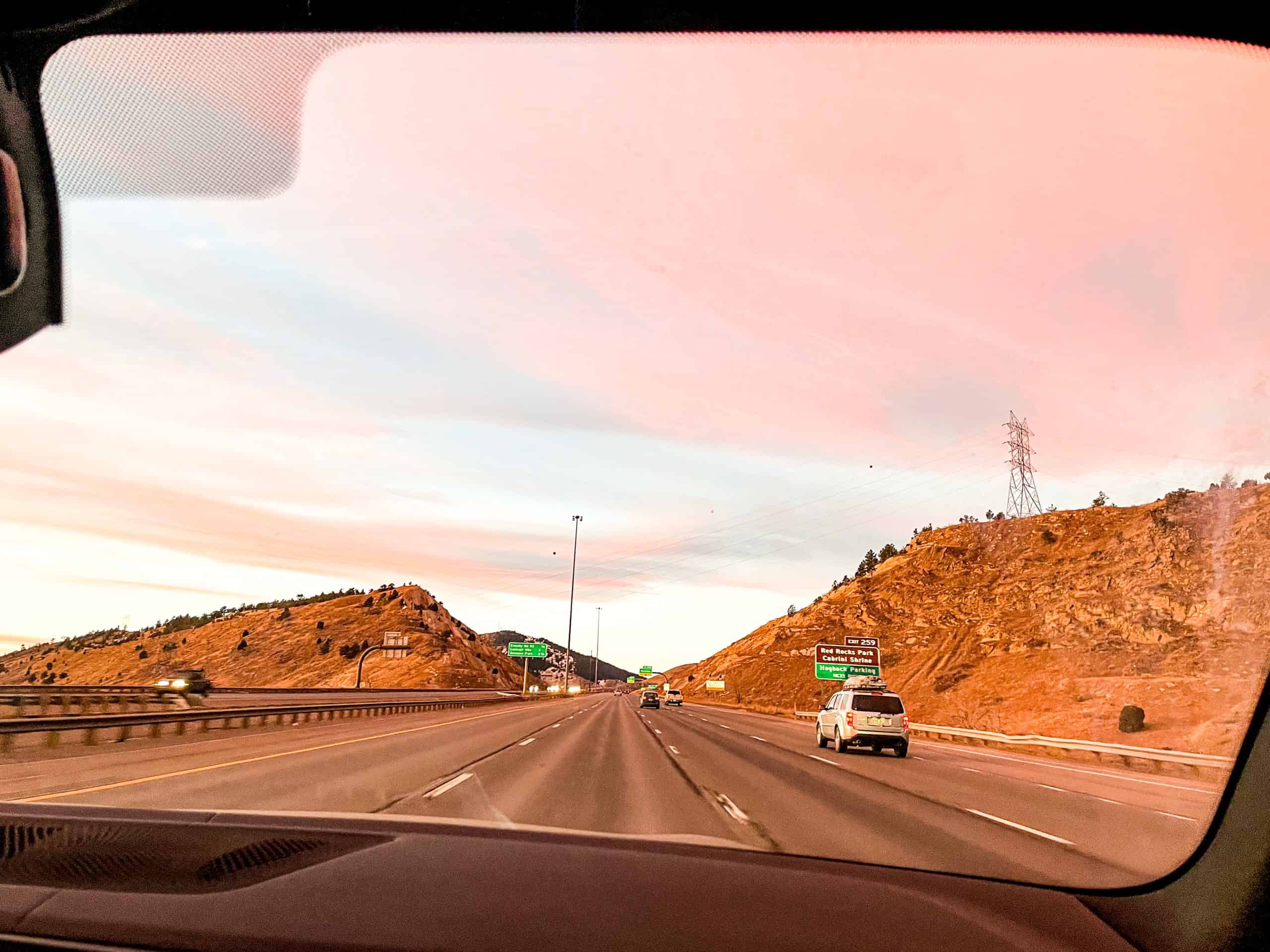 Scenic drive through the Colorado mountains on the way to Vail and Beaver Creek at sunrise