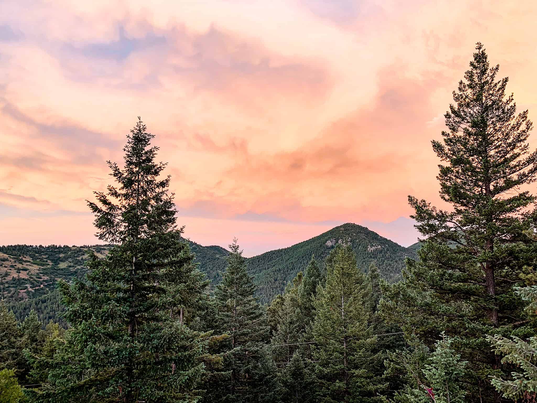 Foothills sunset near Rocky Mountain National Park with pine trees and mountain views on a scenic day trip from Denver.
