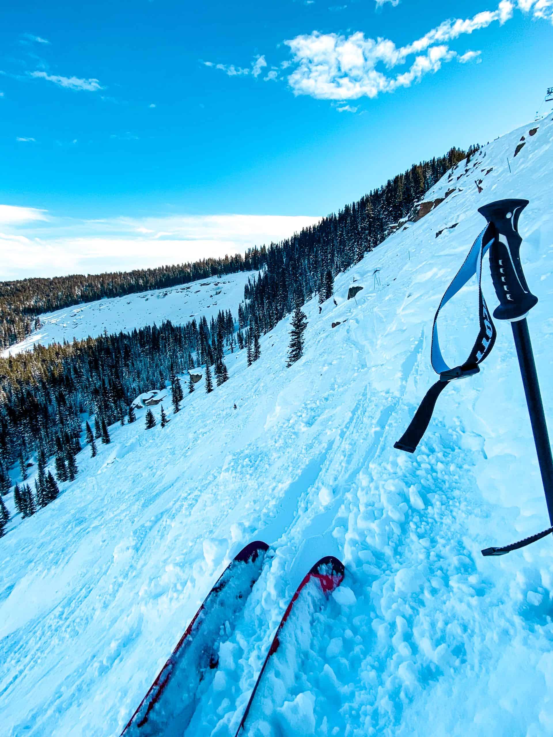 Steep advanced terrain at a Colorado ski resort showing powder snow, tree-lined slopes, and dramatic elevation
