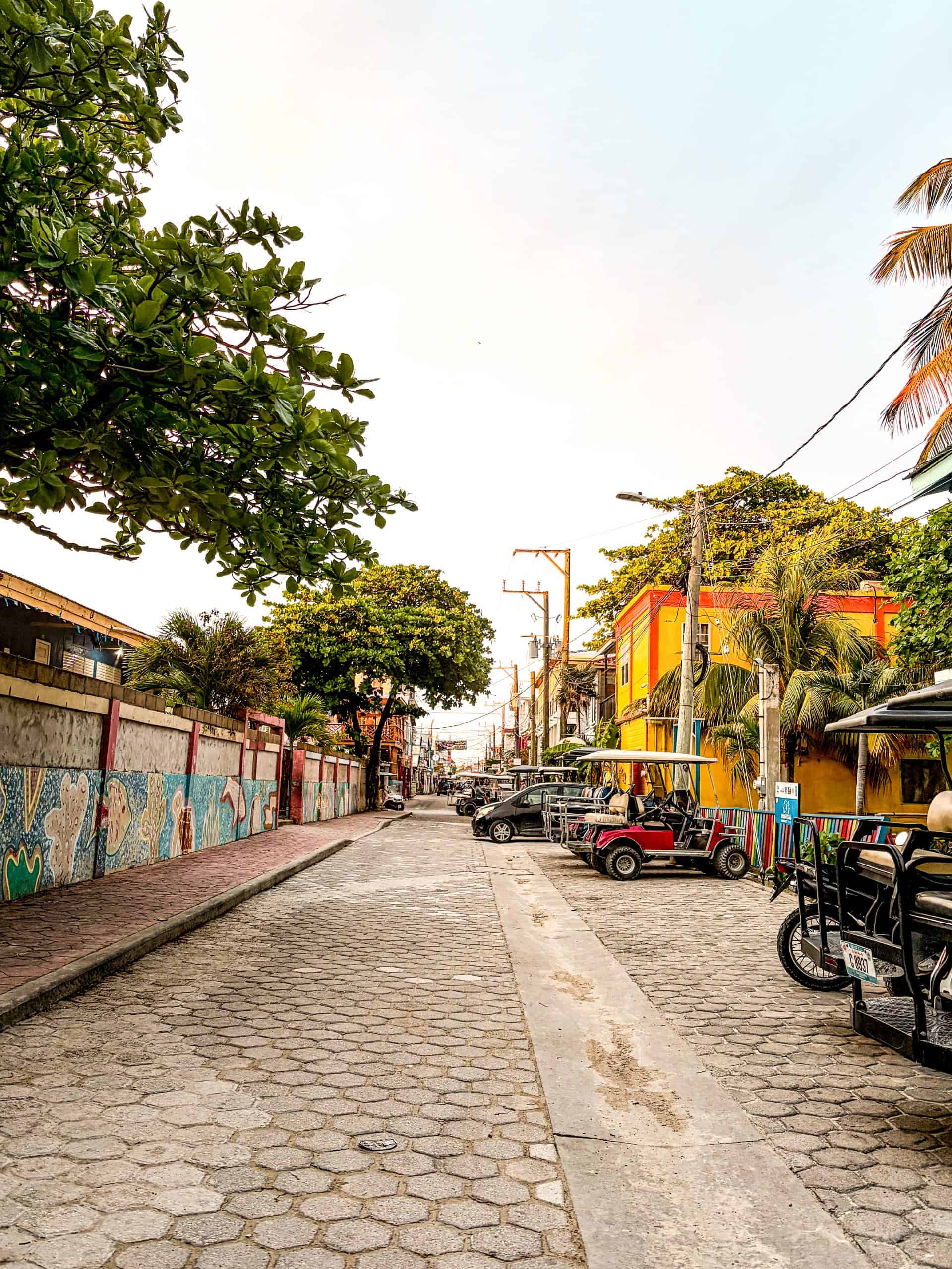 Narrow San Pedro street lined with parked and moving golf carts on both sides