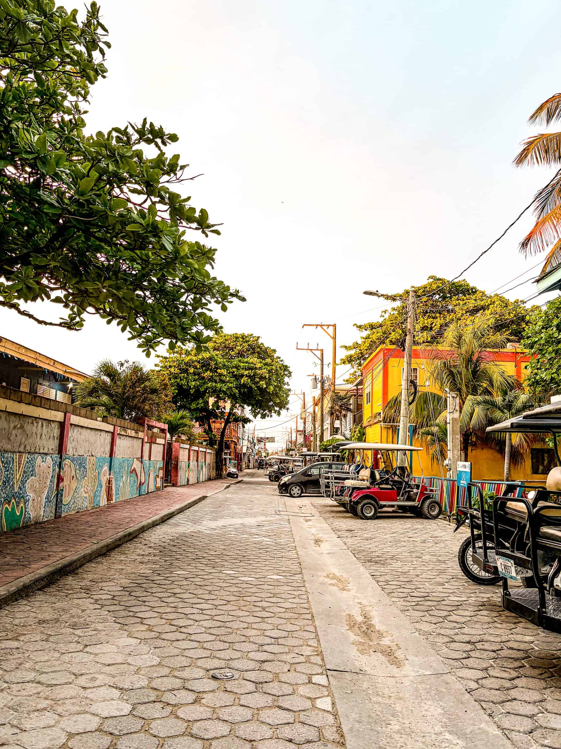 Golf carts lined up along the sandy main road through San Pedro, Belize
